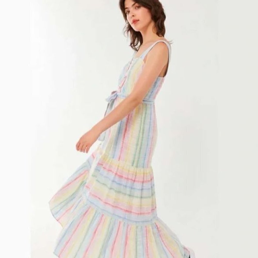 [Urban Outfitters] Rainbow Multi Colored Cotton Blend Tiered Skirt Maxi Dress